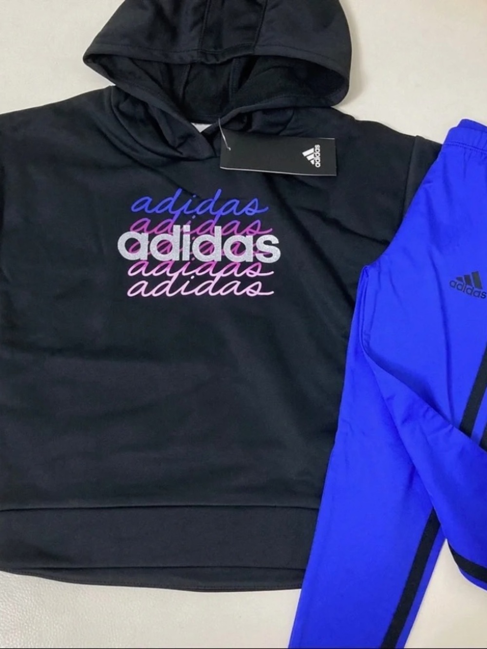 Adidas girl Printed Tricot Hoodie and legging set sparkly pink and purple 4040 - Picture 6 of 7